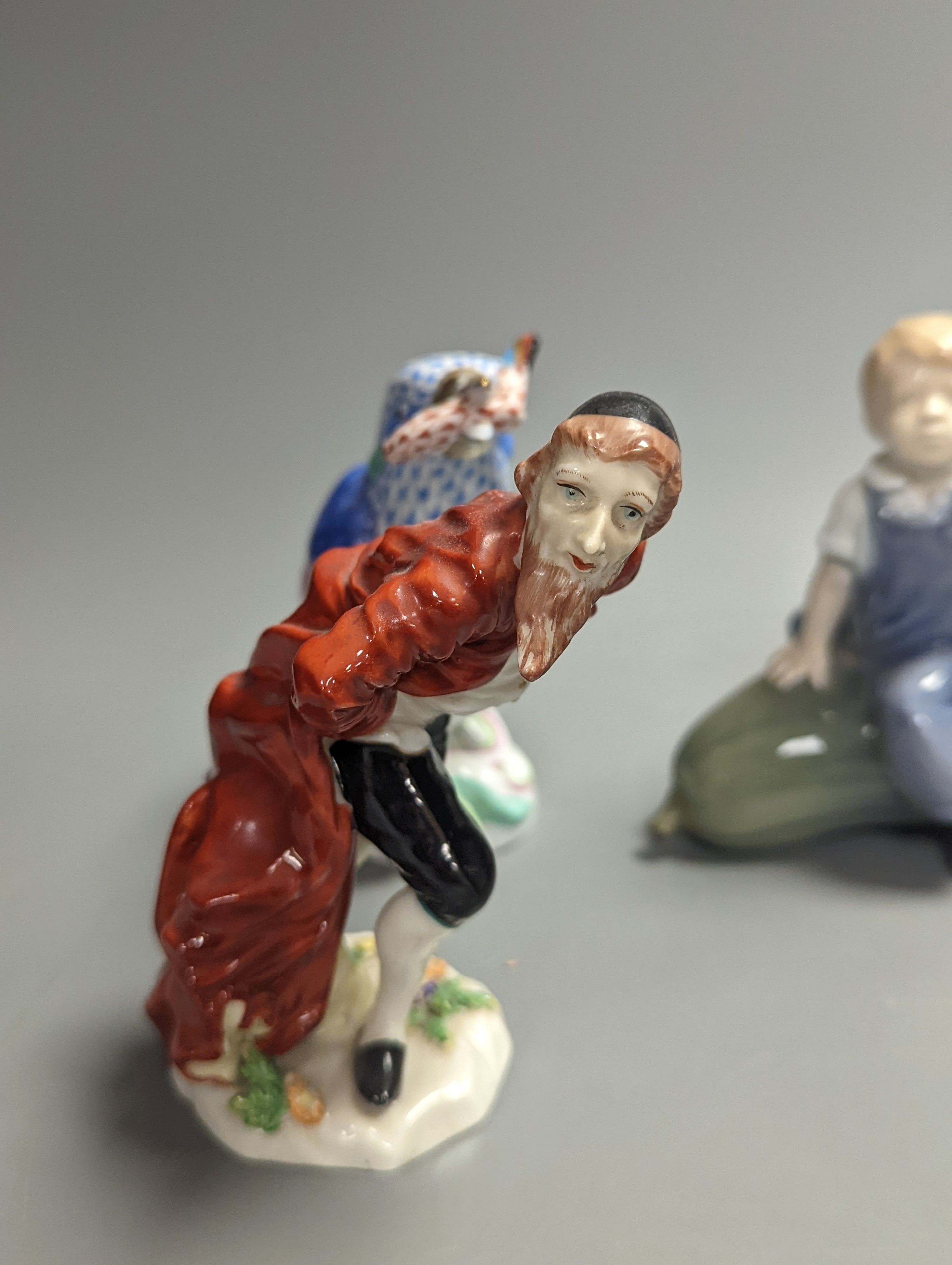 A group of Derby, Royal Worcester, Royal Copehagen and Herend models including a figure group, tallest 16.5cm (6)